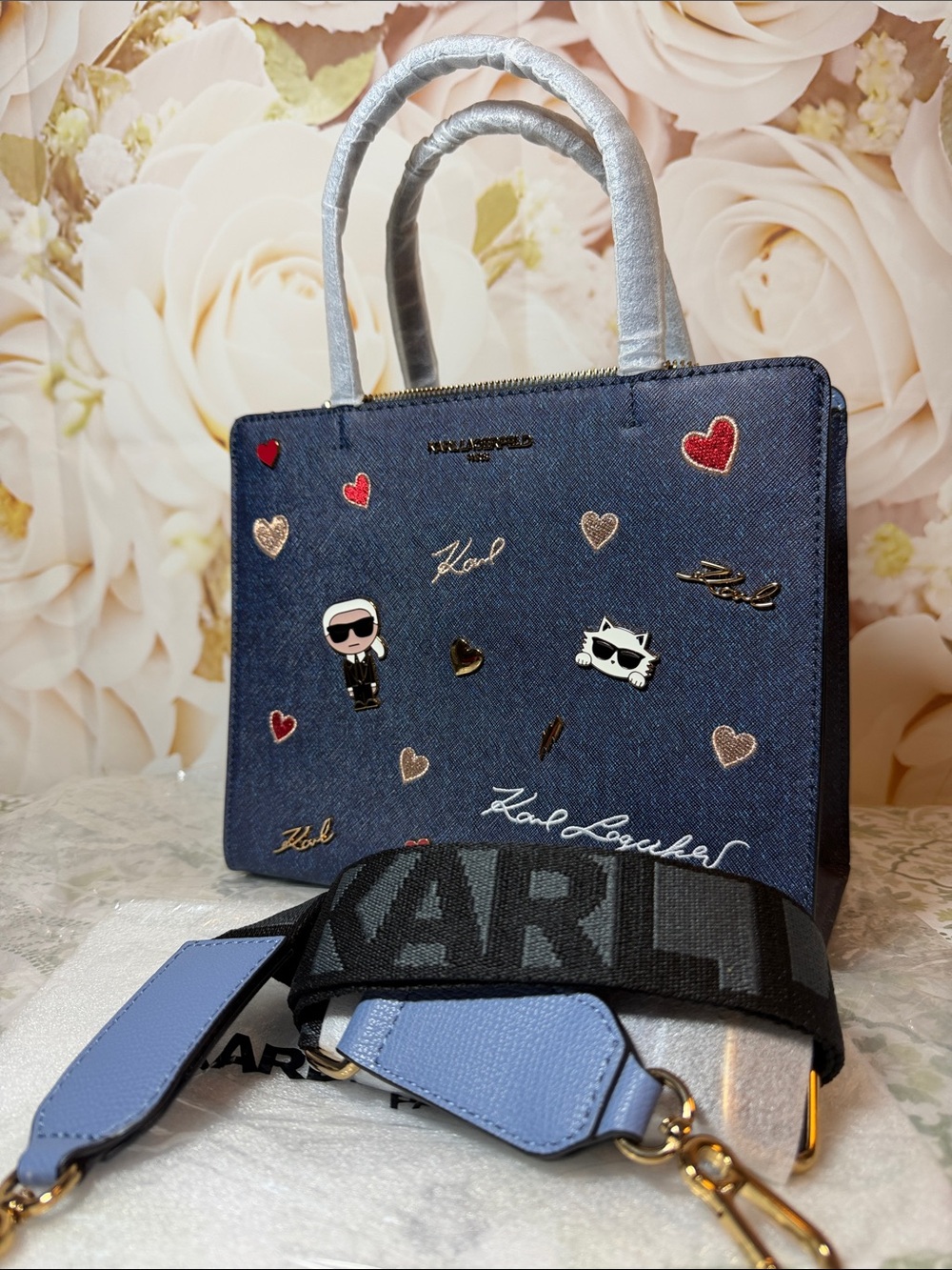 New with tag Karl Lagerfeld Blue Tote with Heart Embellishments